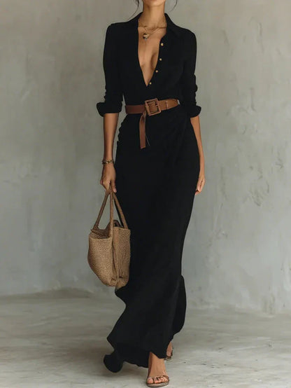 Coleen | Elegant Dress with Belt and Classic Lapel Collar