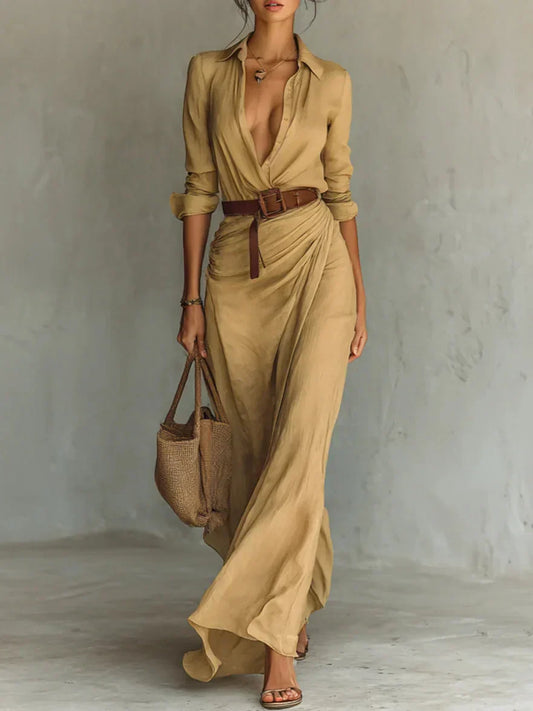 Coleen | Elegant Dress with Belt and Classic Lapel Collar