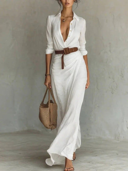 Coleen | Elegant Dress with Belt and Classic Lapel Collar