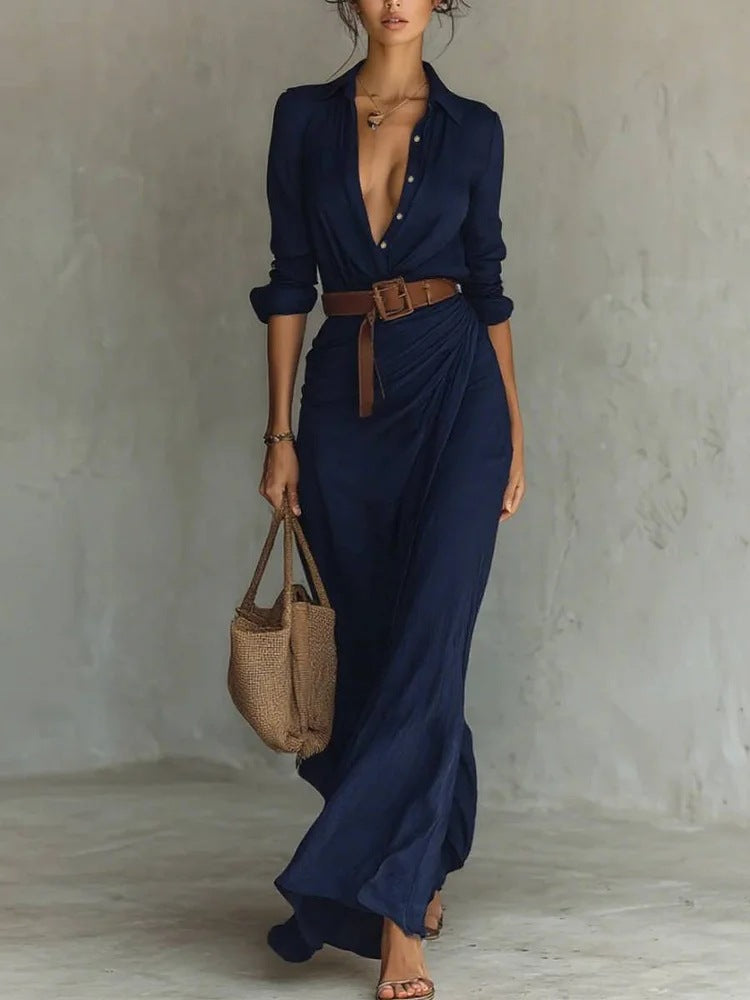 Coleen | Elegant Dress with Belt and Classic Lapel Collar
